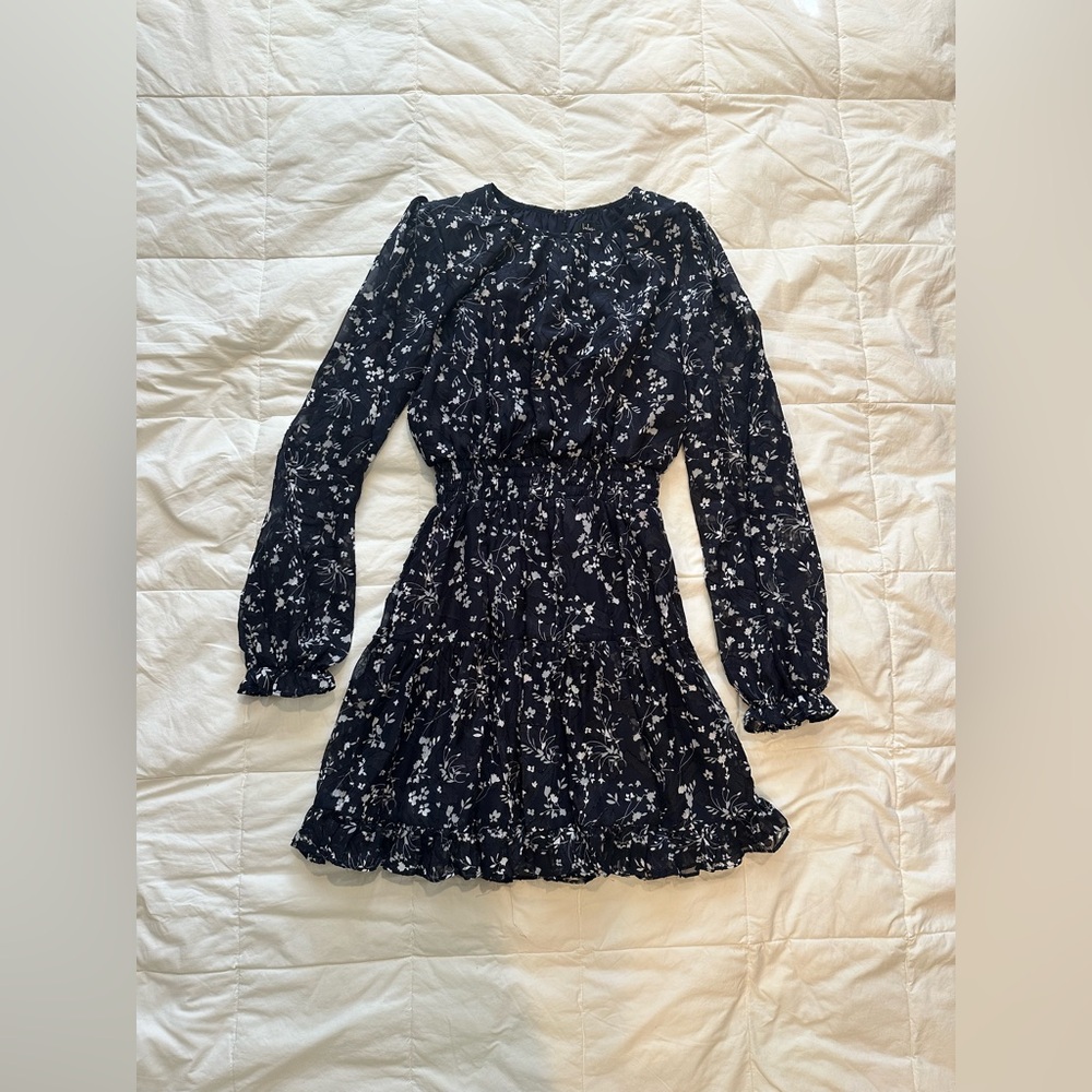 Lulus Navy Dress with White Floral Detailing and Sheer Long Sleeves, Size S
